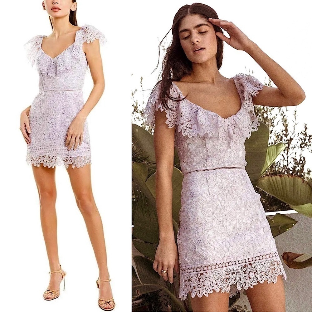SAYLOR Lilac‎ Floral Crochet Lace Ruffle V-Neck Short Sleeve Sheath Mini Dress S